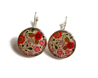 BOUCLES D'OREILLES fleurs multicolores, bijoux fleurs, boucles florales, rouge, orange, printemps, bijoux vintage, cabochon, cabochon verre