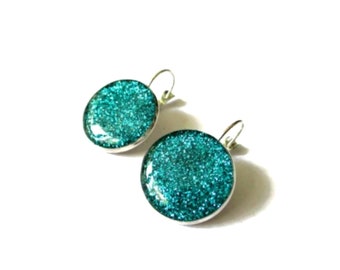 TURQUOISE GLITTER EARRINGS - Blue glitter earrings - dangle earrings - sparkly jewelry - silver earrings - glass - glitter jewelry - blue