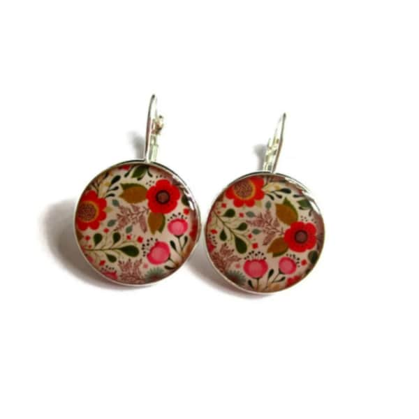 BOUCLES D'OREILLES fleurs multicolores, bijoux fleurs, boucles florales, rouge, orange, printemps, bijoux vintage, cabochon, cabochon verre