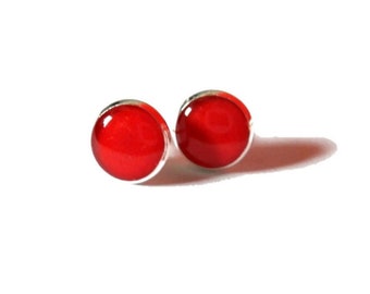 Red Post Earrings, Cherry Red Studs, Glossy Earrings, colorblock Studs, Round Studs, statement Jewelry, circle simple posts, minimalist