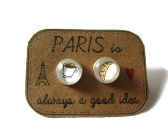 Pendientes París, desayuno, café y croissant de mercadillo, pendientes de café, París siempre es una buena idea