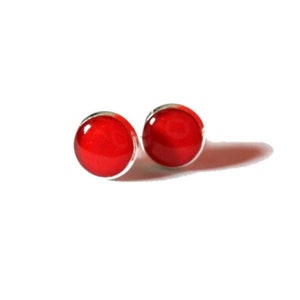 May include: A pair of red stud earrings with silver settings.
