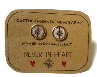 COMPASS FRIENDSHIP Earrings with "Together Forever" Card - BFF - Best Friend Jewelry - Sentiment Card - Long Distance Gift - Friends Forever
