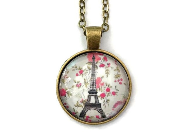 Eiffelturm-HALSKETTE, Liberty, rosa, weiß, Paris, Paris-Halskette, romantisch, blumig, Vintage, Glas-Cabochon