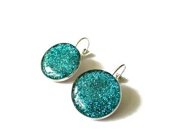 TURQUOISE GLITTER EARRINGS - Blue glitter earrings - dangle earrings - sparkly jewelry - silver earrings - glass - glitter jewelry - blue