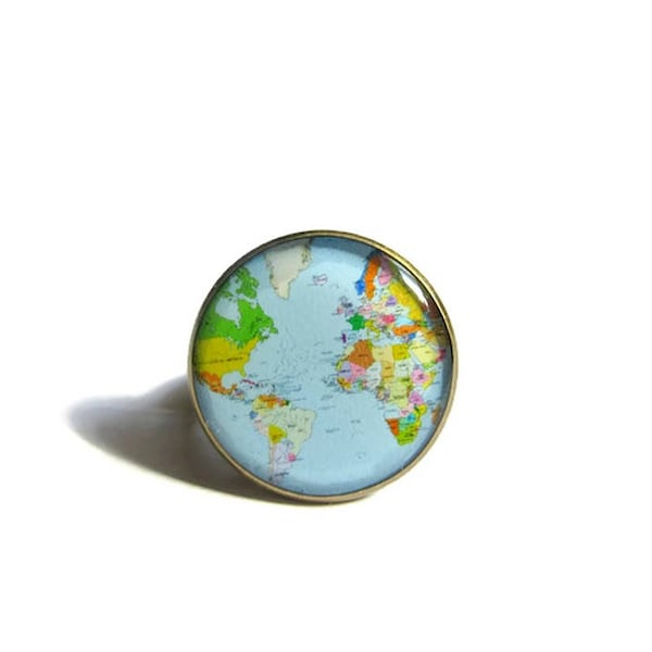 BAGUE MONDE, bague carte du monde, multicolore, bijou globe, bijoux mappemonde, voyage, boho, hippie, cabochon verre, insolite, cadeau noel