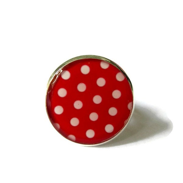 BAGUE POIS Rouges et blancs, bague pois, bijoux rouge et blanc, pin up, vintage, rétro, cabochon verre