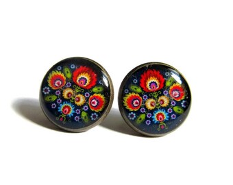 FOLK STUD EARRINGS, Polish Folk Jewelry, Flowers post Earrings, glass cabochon, dark blue jewelry, statement studs, dans l'air du temps