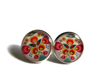 Folk STUD earrings - Russian  style  studs -  Folk Art - colorful  Jewelry - floral earrings - Ornamental - post earrings