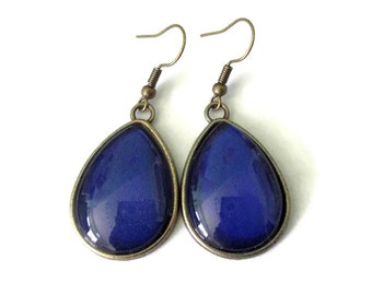 BLUE TEARDROP EARRINGS, Navy blue earrings, minimalist, Boho Jewelry, vintage style, Color, Bronze jewelry