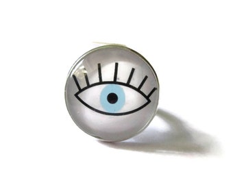 BAGUE OEIL, bague oeil avec cils, blanc, bijoux Yeux,  cabochon verre, evil eye, bijoux porte bonheur, bague yeux, bague minimaliste, bleu