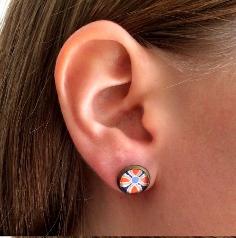 FLOWERS EARRINGS, orange and blue stud Earrings, bohemian studs, Geometric jewelry, Boho jewelry, Flower posts, danslairdutemps image 4