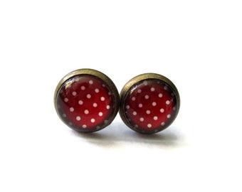 POLKA DOT EARRINGS, rockabilly earrings, burgundy and white, burgundy studs, 50's jewelry, gift idea, Pin up jewelry, danslairdutemps