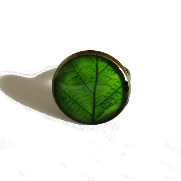 BAGUE FEUILLE, vertes, nature, feuilles, jardin, amateur jardinage, foret,  cabochon verre, vert, botanique,