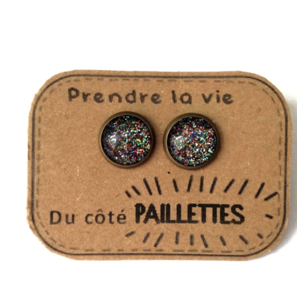 BOUCLES D'OREILLES puces PAILLETTES multicolores, brillant, scintillant, boucles fête, bijoux soirée, cabochon, puces multicolores