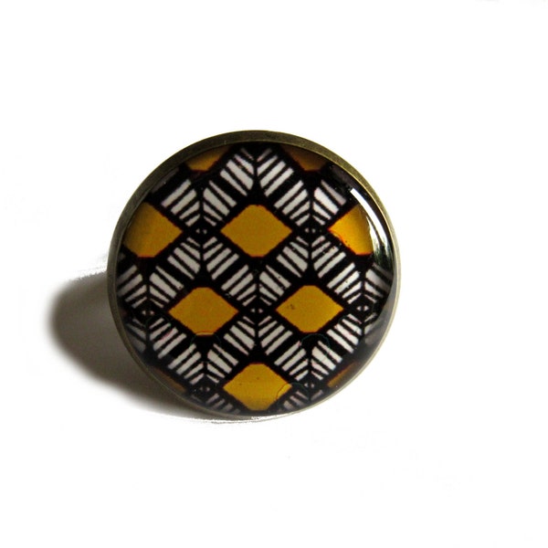Gele ETNISCHE PATROONRING, geometrisch patroon, geel, zwart, wit patroon, Afrikaans patroon, Afrikaanse stijl sieraden, glas cabochon