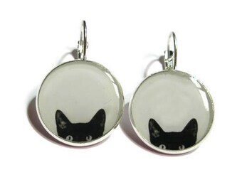 CAT EARRINGS, Peeking Cat earrings, black and white, pet jewelry, cat lover gift