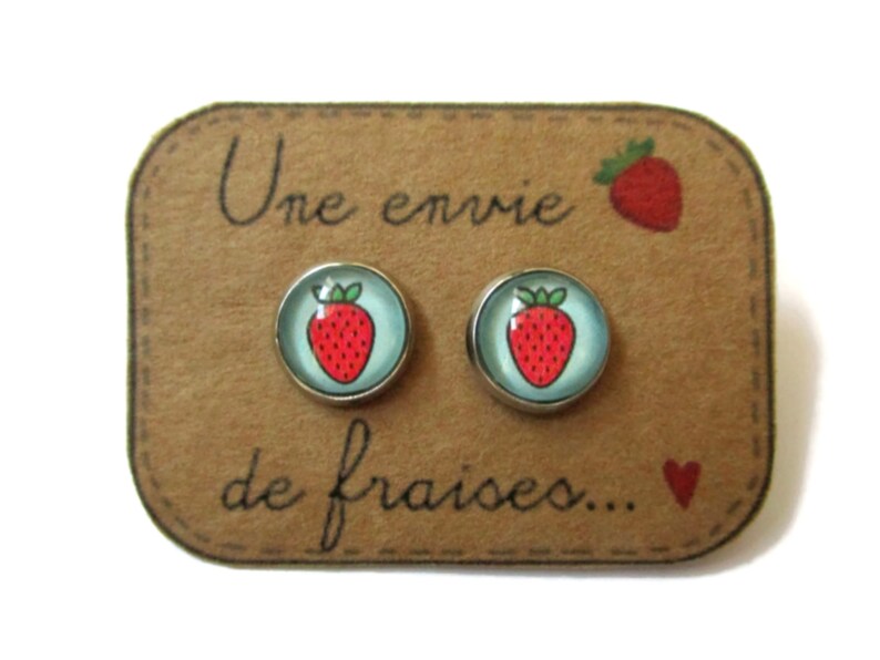 STRAWBERRY STUD EARRINGS, red green post earrings, Strawberry Lover gift, fruit jewelry, Fruit posts, pregnancy , vegan studs image 2