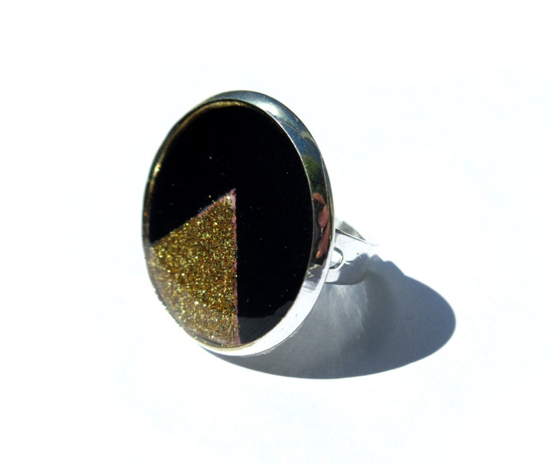 triangle jewelry GEOMETRIC ring geometric jewelry Black and Gold TRIANGLE RING golden Glitter Glitter Ring Adjustable ring