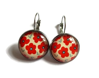 BOUCLES D'OREILLES Dormeuses Coquelicots, bijoux fleurs, fleurs rouges, bijoux printemps, cabochon