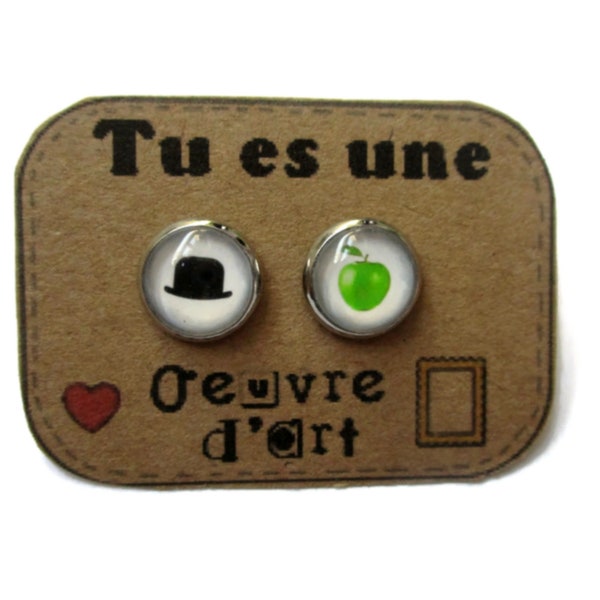 BOUCLES D'OREILLES MAGRITTE, Pomme, Chapeau, bijoux art, boucles tableau, cadeau amateur d'art, cadeau professeur de dessin, cadeau noel