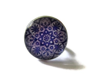 BAGUE rosace bleue, bijoux bleus, bague ethnique, mandala bleu, indien, bleu, motif géométrique,mosaique, azulejos, paisley, cabochon verre