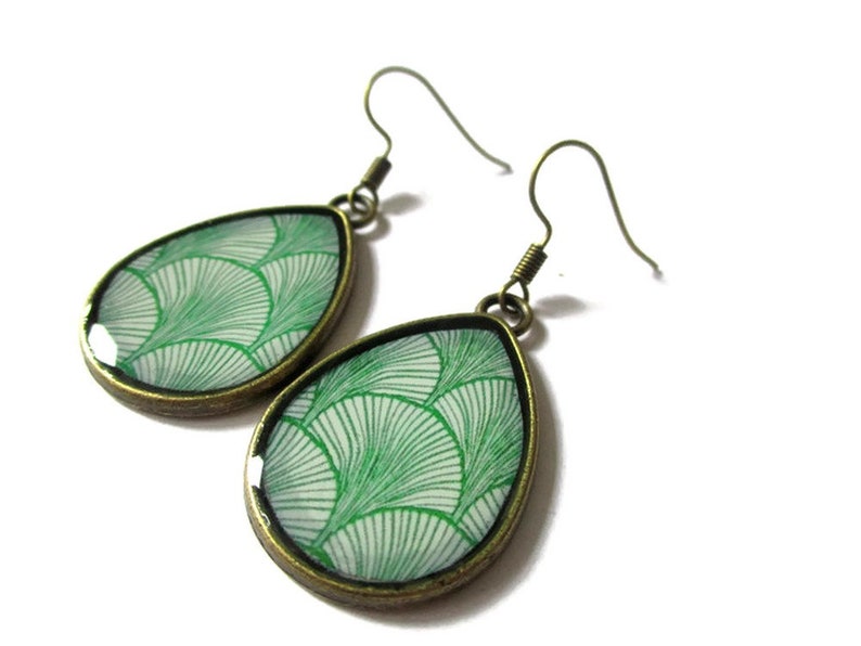 GREEN TEAR DROP Earrings, geometric jewelry, japanese pattern, Pattern varies Modern, Minimalist, for her, Boho, green earrings image 3