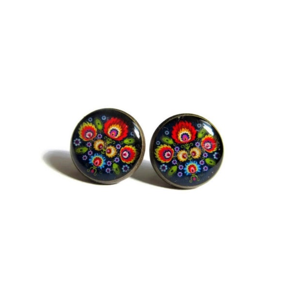 FOLK STUD EARRINGS, Polish Folk Jewelry, Flowers post Earrings, glass cabochon, dark blue jewelry, statement studs, dans l'air du temps