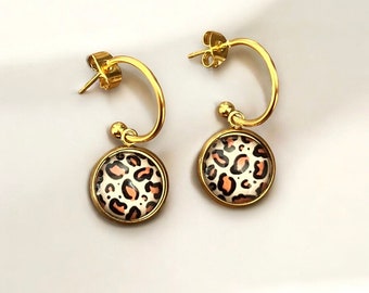 Leopard print HOOP EARRINGS, Tiny dangle Earrings, Golden silver stainless steel, Leopard Print Lovers, Handmade Jewelry, Leopard Gifts
