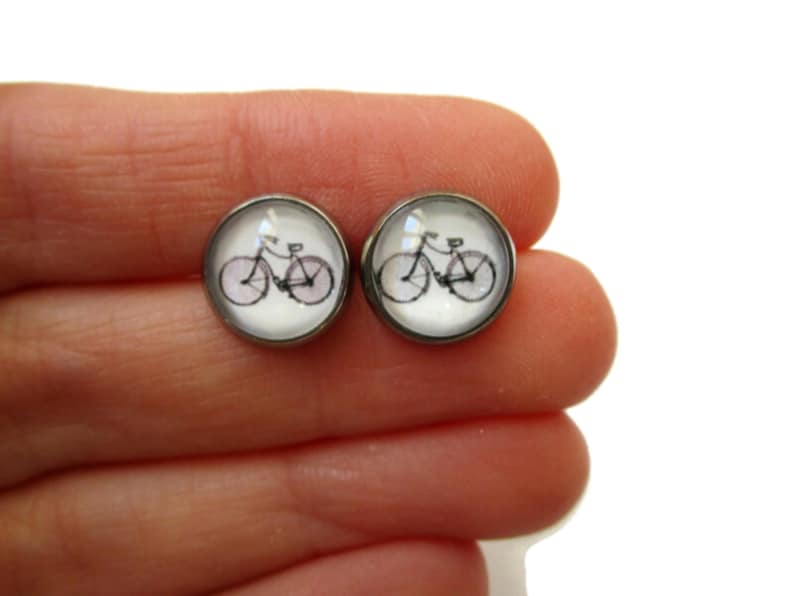 Little bike stud EARRINGS, Cyclist earrings, cute bicycle studs, Bike studs, quirky Jewellery, Cyclist Sports gift danslairdutemps, cabochon image 5