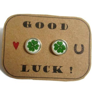 FOUR LEAF CLOVER earrings, St patrick leaf, Shamrock earrings, Saint patricks day, Green shamrock, Lucky studs, good luck, luck gift image 1