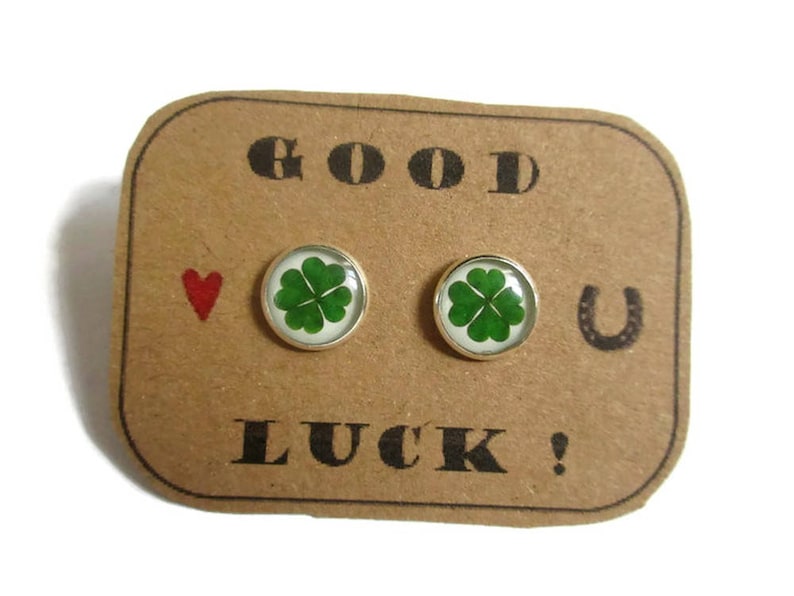 FOUR LEAF CLOVER earrings, St patrick leaf, Shamrock earrings, Saint patricks day, Green shamrock, Lucky studs, good luck, luck gift image 1