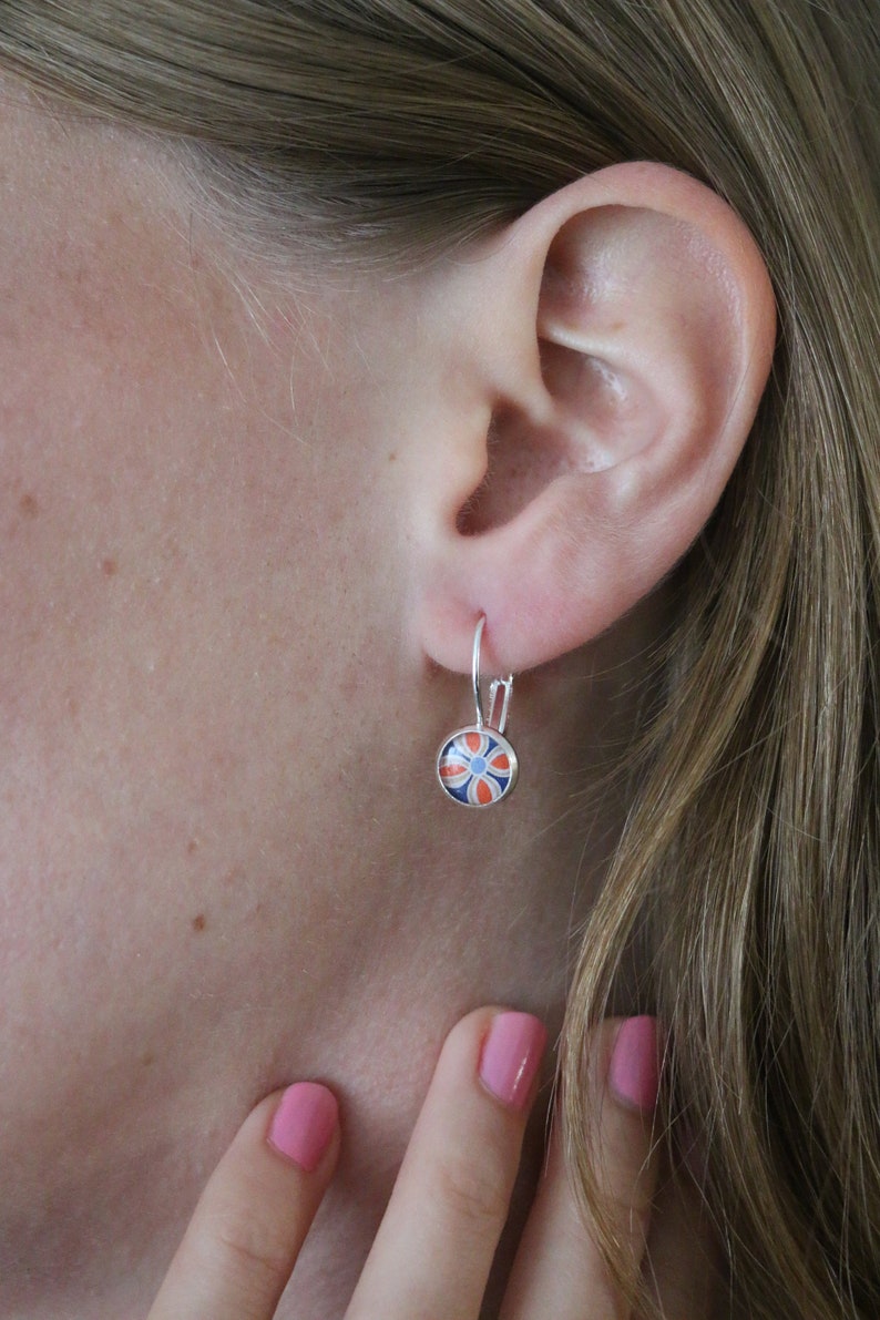 Blue and Orange FLOWERS EARRINGS, Tiny dangle Earrings, Vintage Style, Geometric, Boho, Flower pattern Jewelry image 4
