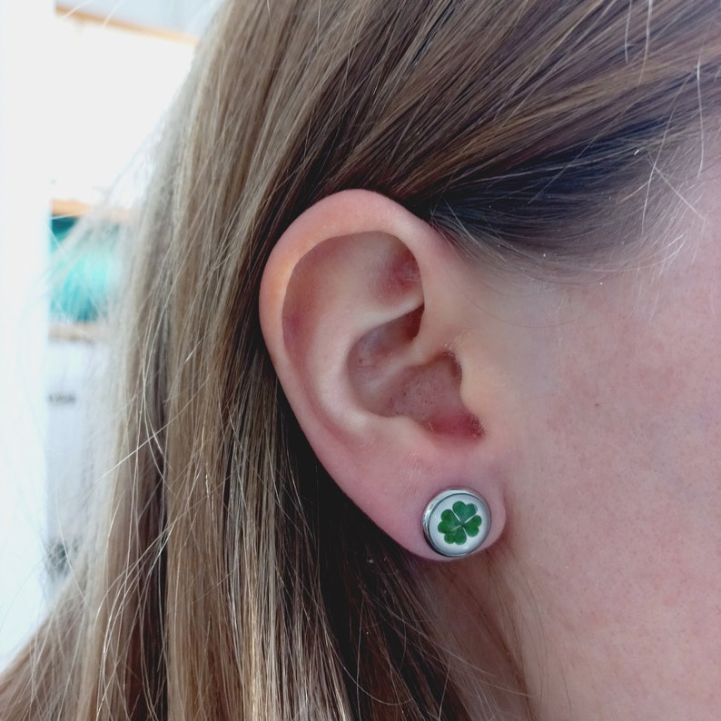 FOUR LEAF CLOVER earrings, St patrick leaf, Shamrock earrings, Saint patricks day, Green shamrock, Lucky studs, good luck, luck gift image 4