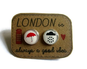 Rainy Day Earrings, LONDON EARRINGS, Umbrella studs, Cloud posts, umbrella jewelry, cloud sjewelry- London gift- danslairdutemps