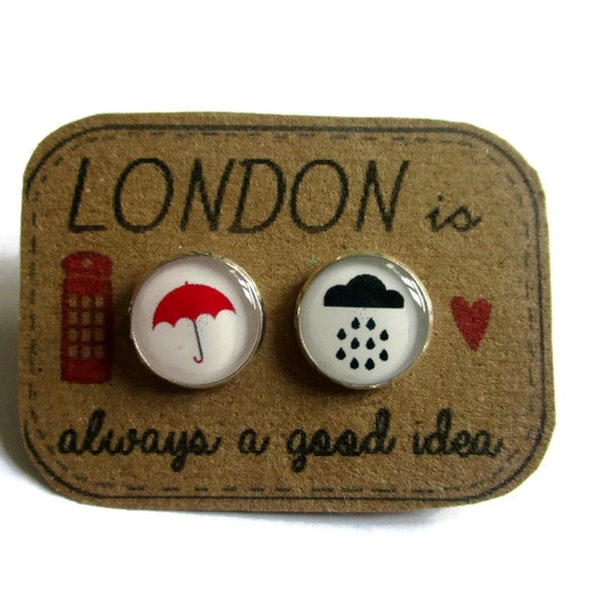 BOUCLE D'OREILLES LONDRES, puces nuage,  parapluie, bijoux londres, bijoux rouge, noir, blanc, pluie, cadeau fan d'Angleterre, so british