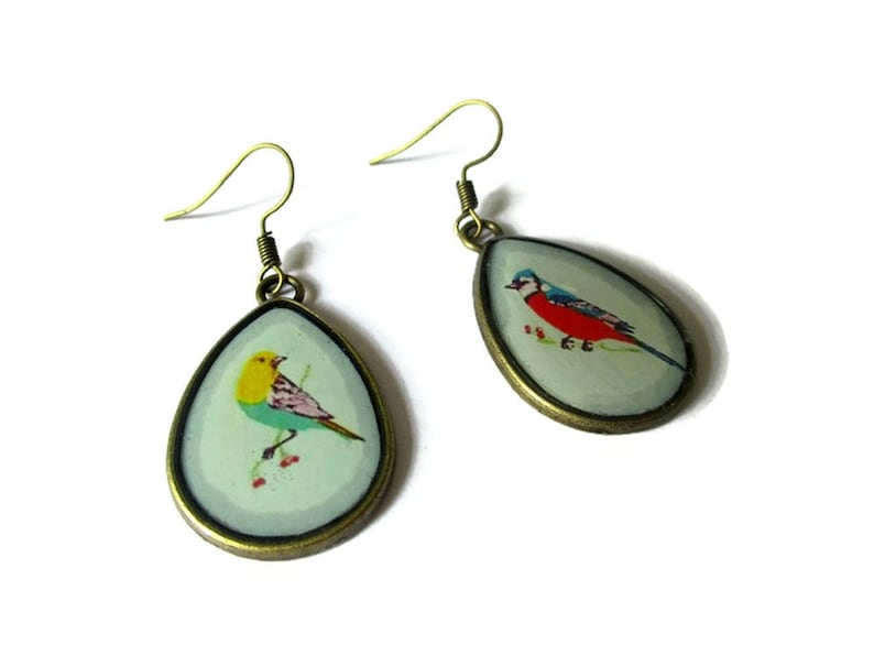 BIRDS EARRINGS, Teardrop Earrings, bird Pattern, BOHO Style, bird lover gift, Nature, animal Jewelry, romantic image 3