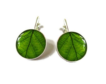 Pendientes de hoja verde, plata, primavera, joyería de hojas, pendientes de naturaleza, jardín, deseo de la naturaleza, árbol verde, cabujón