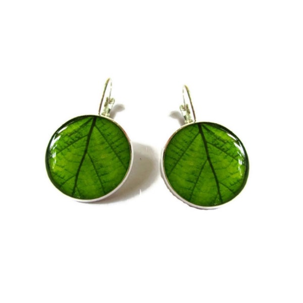 LEAF EARRINGS, Green Leaf Dangle Earrings, Garden Jewelry, Leaves, Nature, Cabochon