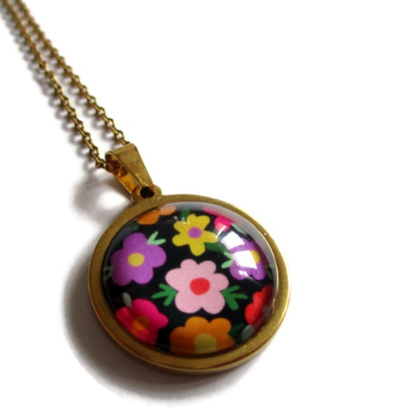 COLLIER FLEURS multicolores fond noir, acier inoxydable doré, bijoux fleurs, fleurs 70's, cabochon verre