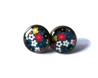 COLORFUL FLOWER EARRINGS, floral earrings, flower studs, Summer Jewelry, Hypoallergenic, gifts under 10, Gifts for Teen Girls, cabochon