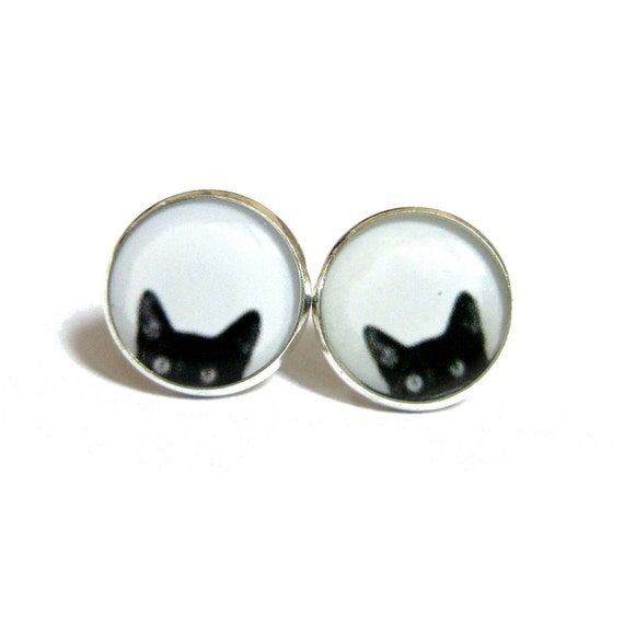 Boucles D Oreilles Chat Noir Chat Guetteur Noir Blanc Etsy France