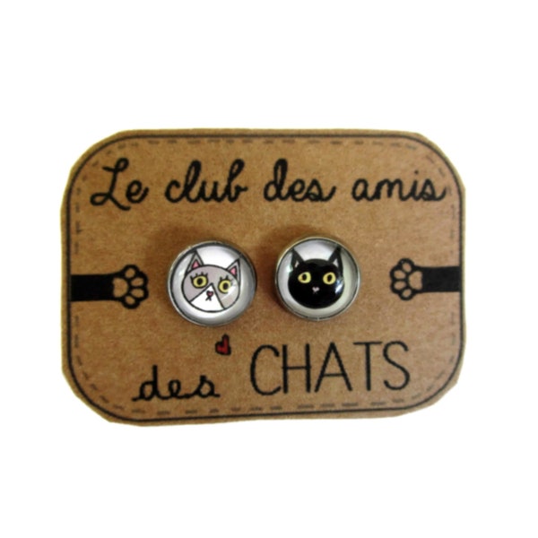 BOUCLES D'OREILLES Petits chats noirs, gris, amusant, animal, bijoux chats mignons,  boucles dépareillées, chaton, insolite, cadeau noel