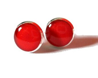 Red Post Earrings, Cherry Red Studs, Glossy Earrings, colorblock Studs, Round Studs, statement Jewelry, Bright simple posts