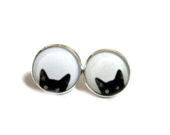 BLACK CAT EARRINGS - Peeking Cat earrings - cat studs - cat jewelry - black cat earrings - cats - black and white earrings - peeking cat