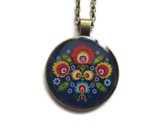 FOLK NECKLACE - slavic folk pendant - adjustable jewelry - Zhostovo folk jewelry - BOHO jewellery - gift for her - colorful jewelry