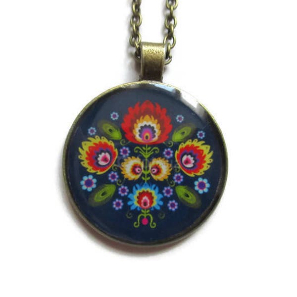 FOLK NECKLACE - slavic folk pendant - adjustable jewelry - Zhostovo folk jewelry - BOHO jewellery - gift for  - colorful jewelry, christmas