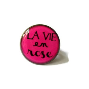 BAGUE CITATION, message, la vie en rose, reglable, message optimiste, édith Piaf, Louis Armstrong, message espoir, courage, cabochon,