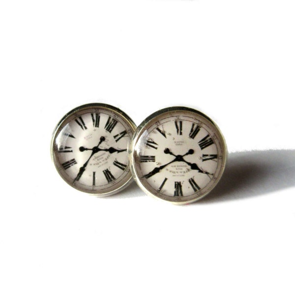 BOUCLES D'OREILLES HORLOGES, montre ancienne, horloge, noir, blanc, graphique, cabochon, retard, bijoux montres, danslairdutemps, noel