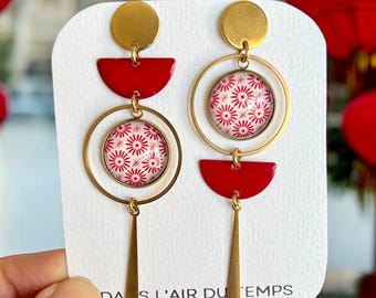 Mismatched Dangle Earrings, red and white Asymmetric dangle earrings, dainty Jewelry , portuguese Style, geometric pattern, stainless steel